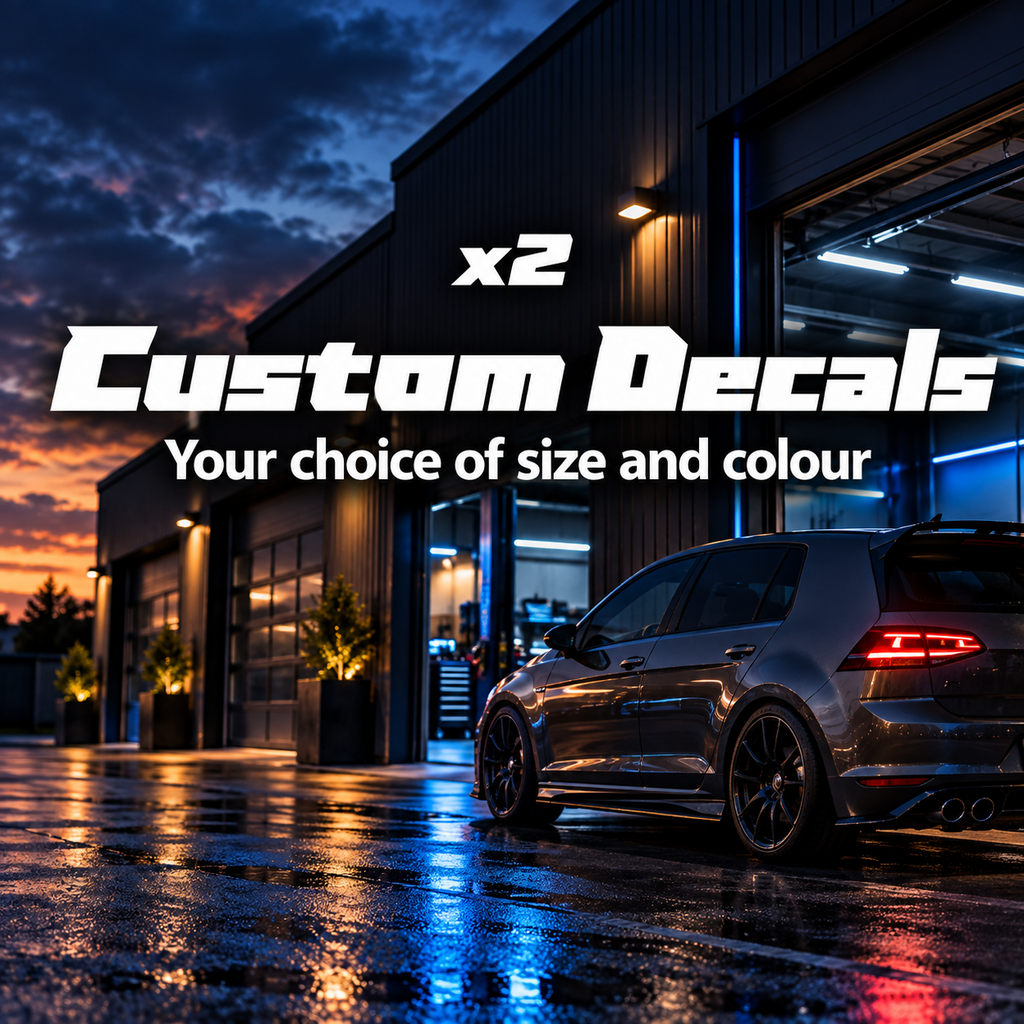 Two custom decals in bold angular lettering advertised in your choice of size and colour over a blue-lit garage scene.