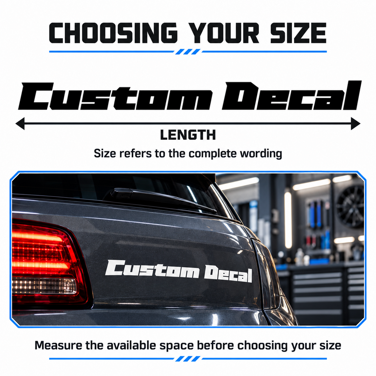 Angular lettering decal size guide showing the complete wording length with a dimension arrow and a white decal on a dark grey car.
