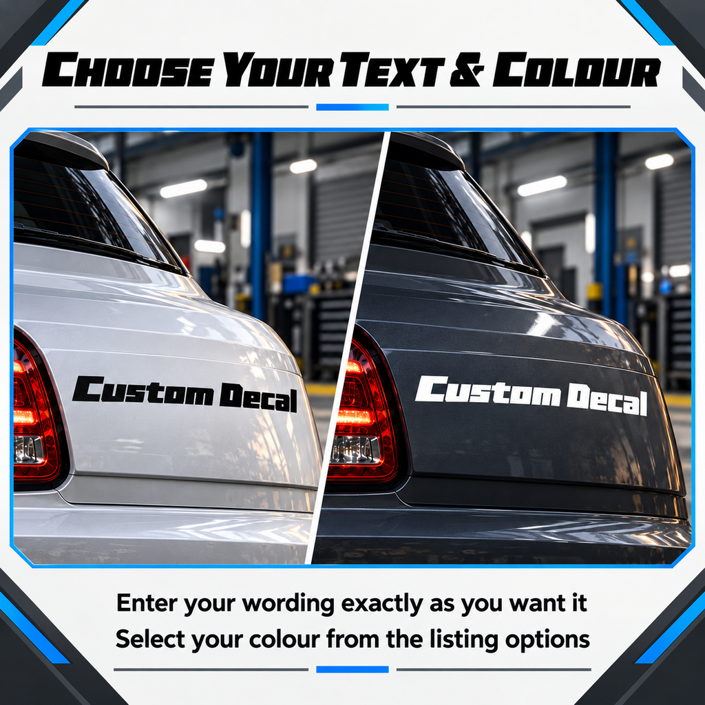 Black angular lettering on a silver car and white lettering on a dark grey car illustrating custom text and colour choices.