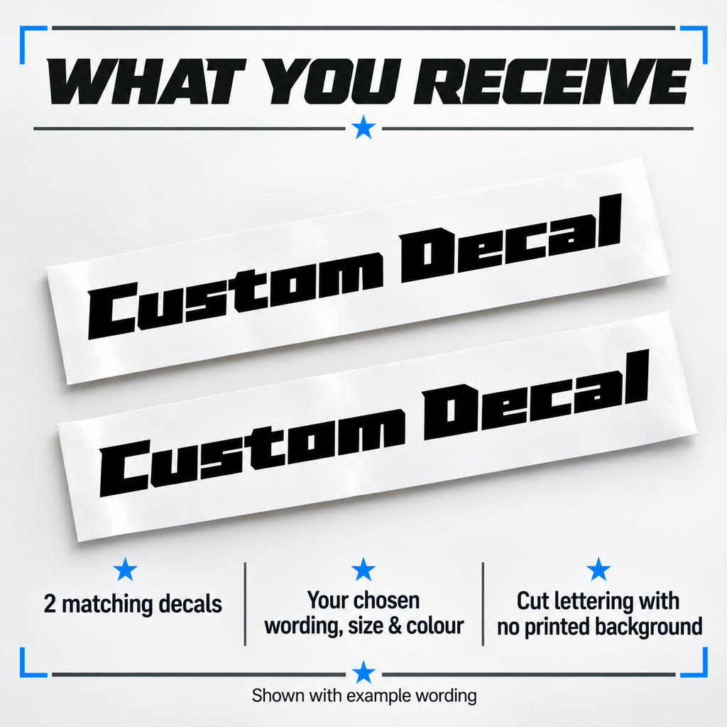 Two matching black angular lettering vinyl decals on backing sheets in your chosen wording, size and colour with no printed background.