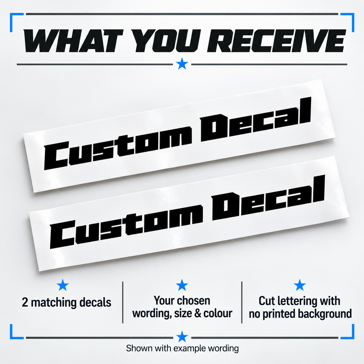 Two matching black angular lettering vinyl decals on backing sheets in your chosen wording, size and colour with no printed background.