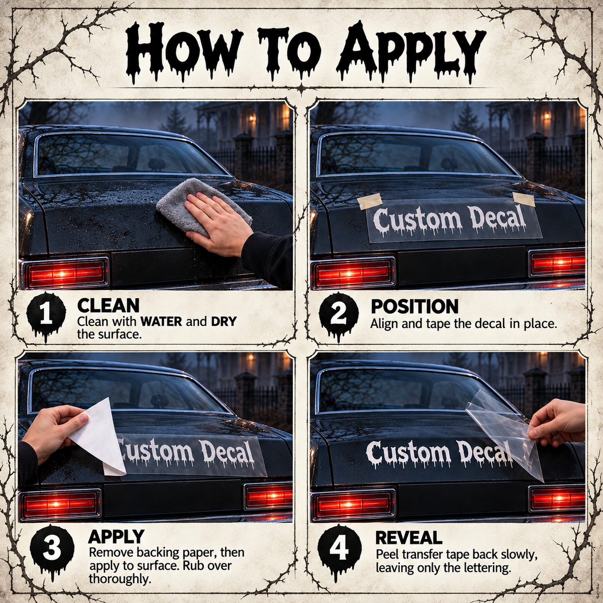 Four-step dripping lettering decal fitting guide showing cleaning, positioning, removing backing paper and peeling transfer tape back.