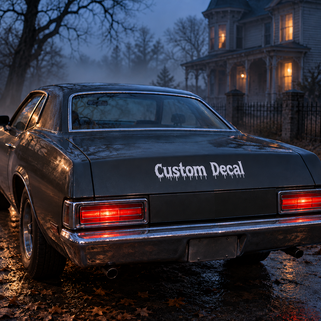 White Custom Decal dripping lettering applied to the rear of a dark classic car beside a spooky house at dusk.