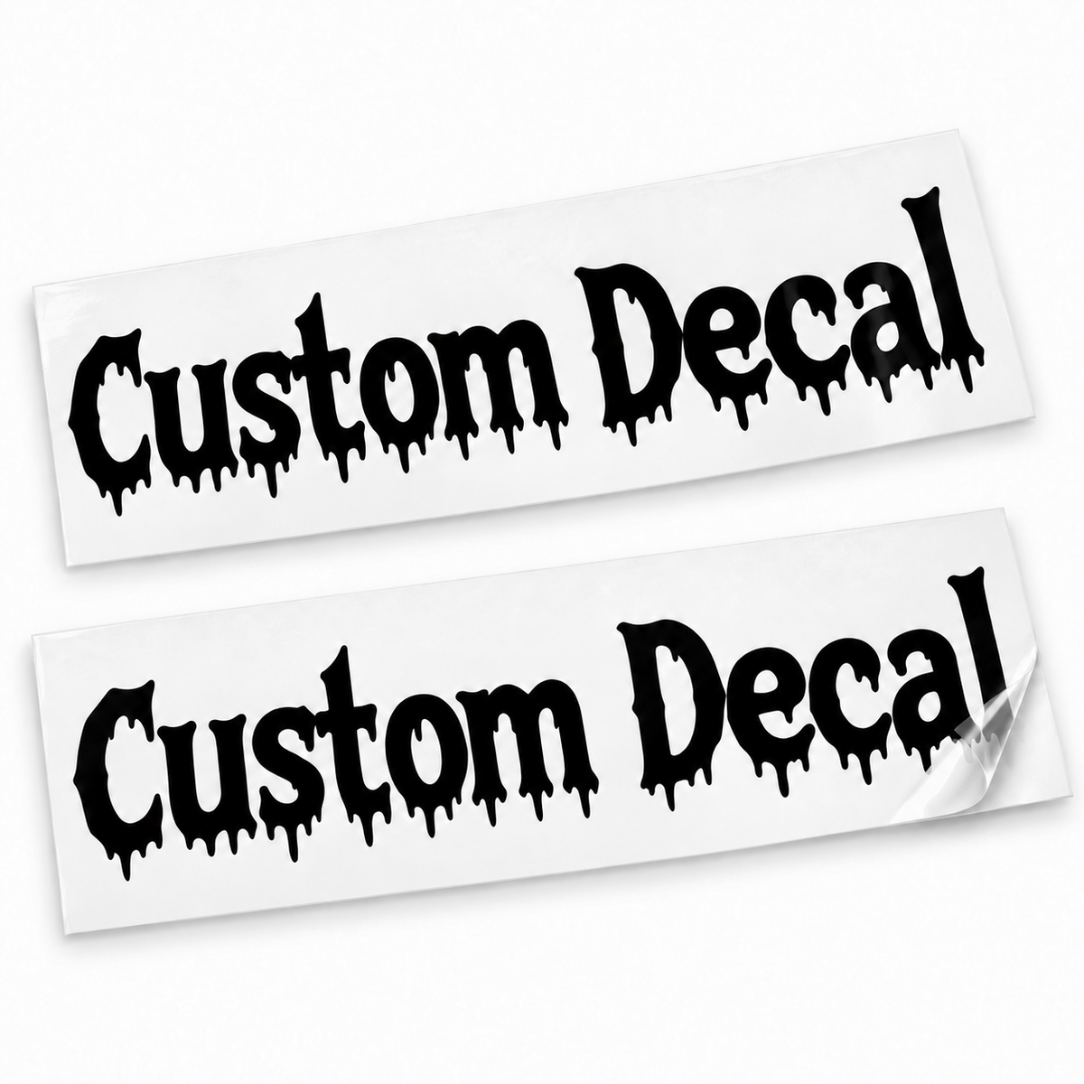 Two matching black Custom Decal vinyl stickers with dripping horror lettering on backing sheets against white.