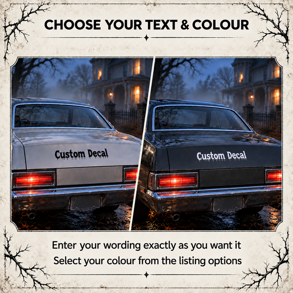 Black dripping lettering on a silver classic car and white lettering on a dark classic car showing custom text and colour choices.