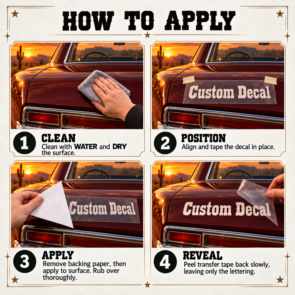 Four-step western decal fitting guide showing cleaning, positioning, removing backing paper and peeling transfer tape back.