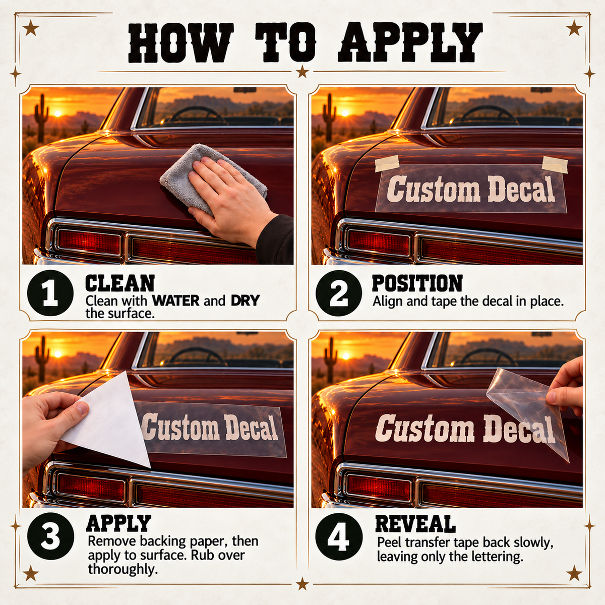 Four-step western decal fitting guide showing cleaning, positioning, removing backing paper and peeling transfer tape back.