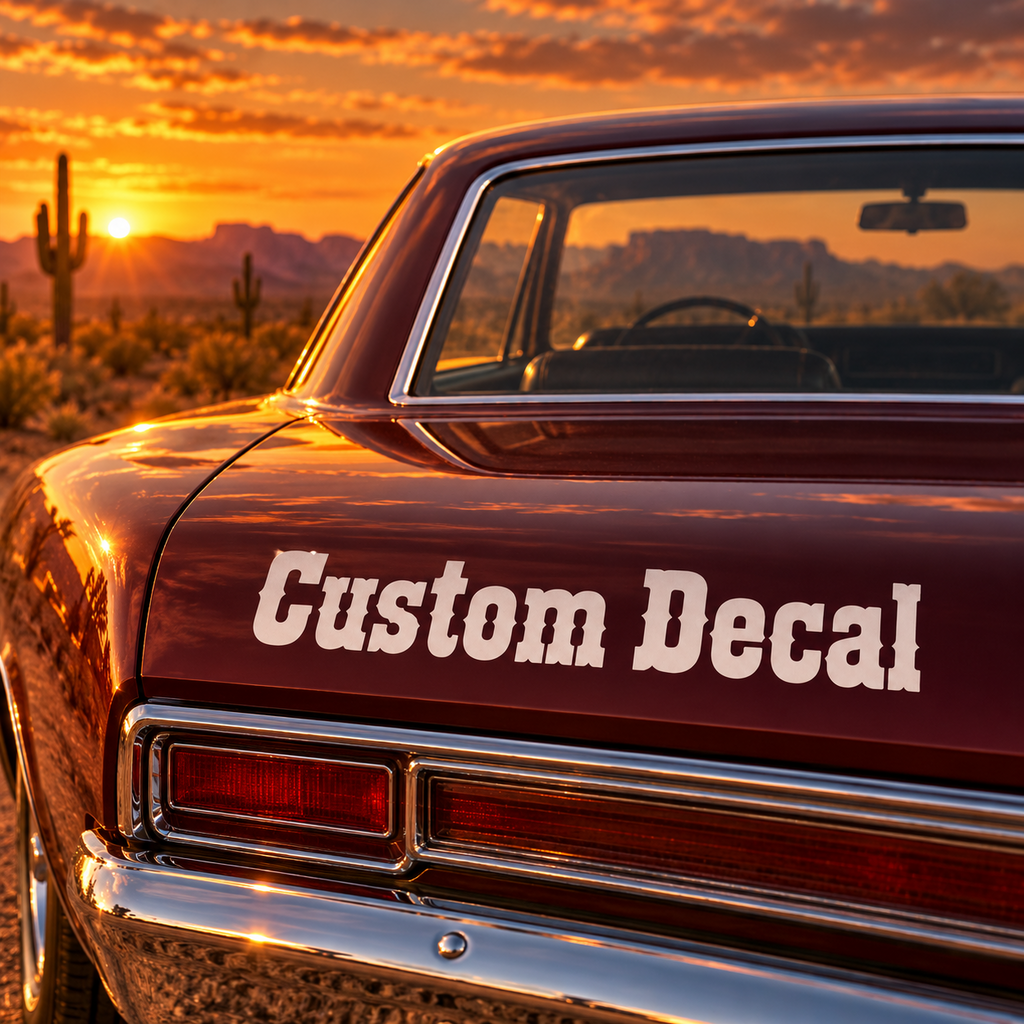 Light Custom Decal western lettering applied to the rear bodywork of a red classic American car at a desert sunset.