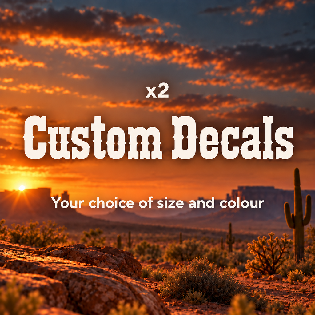 Light western lettering advertising two custom decals in your choice of size and colour over a desert sunset with cacti.