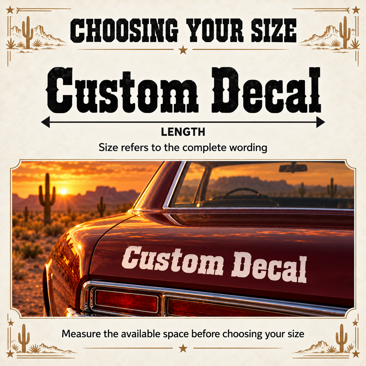 Western decal size guide showing the complete wording length with a dimension arrow and lettering on a red classic car.