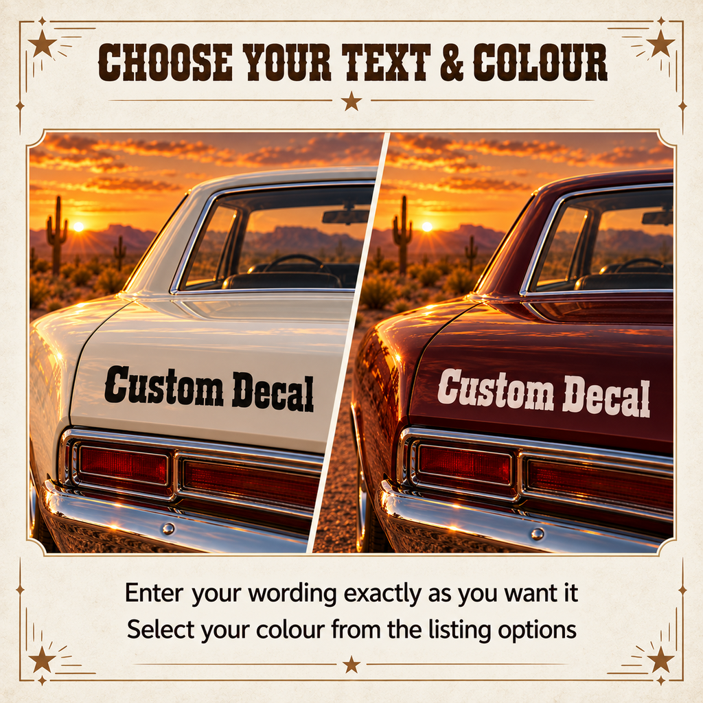 Black western lettering on a light classic car and light lettering on a red car illustrating custom text and colour choices.