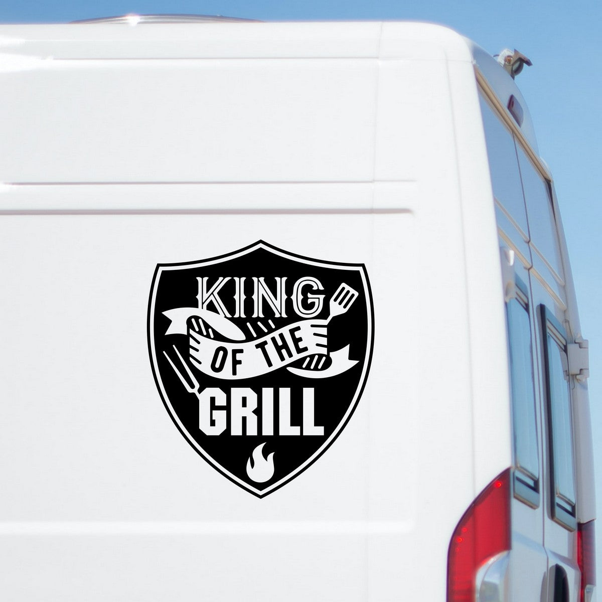 King Of The Grill caravan sticker shown on a white motorhome
