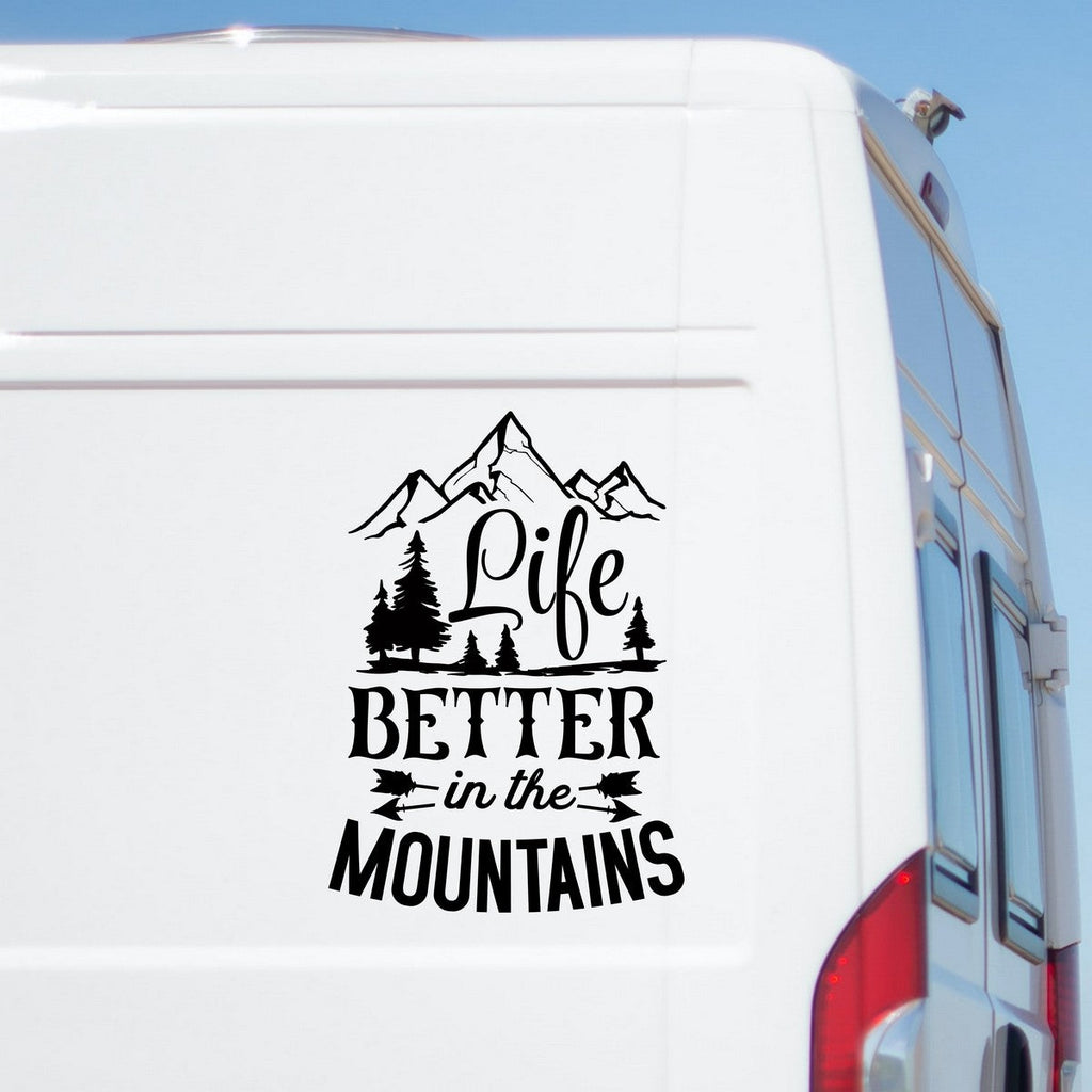 Life Is Better In The Mountains caravan sticker shown on a white motorhome
