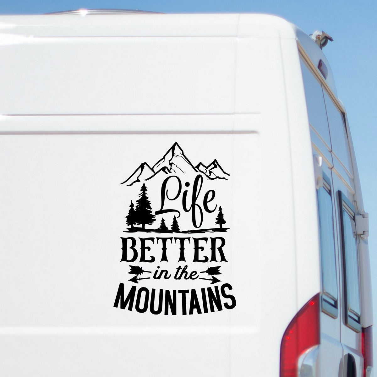 Life Is Better In The Mountains caravan sticker shown on a white motorhome