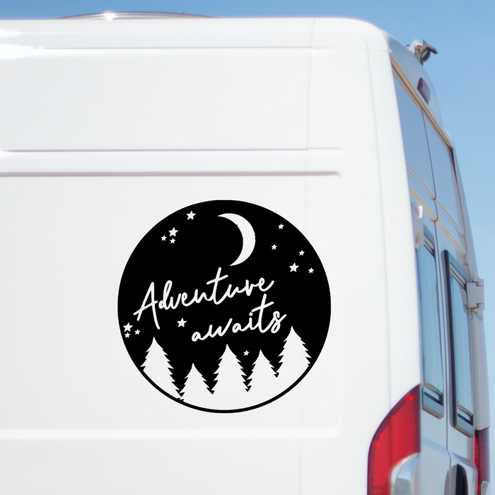 Adventure Awaits caravan sticker shown on a white motorhome