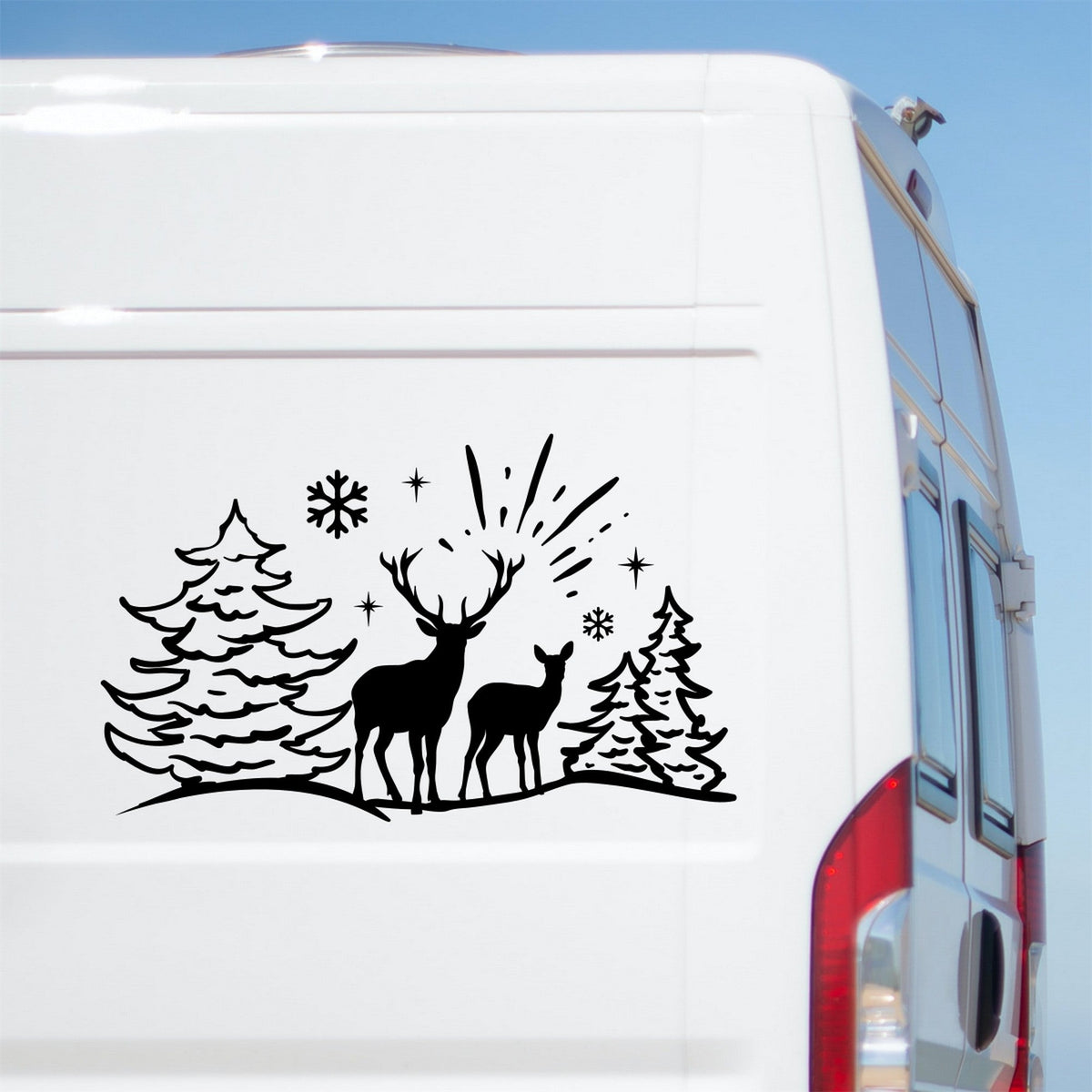 Deer Winter Scene caravan sticker shown on a white motorhome