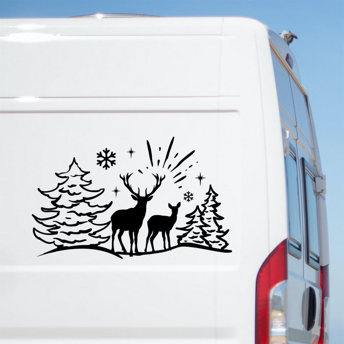 Deer Winter Scene caravan sticker shown on a white motorhome