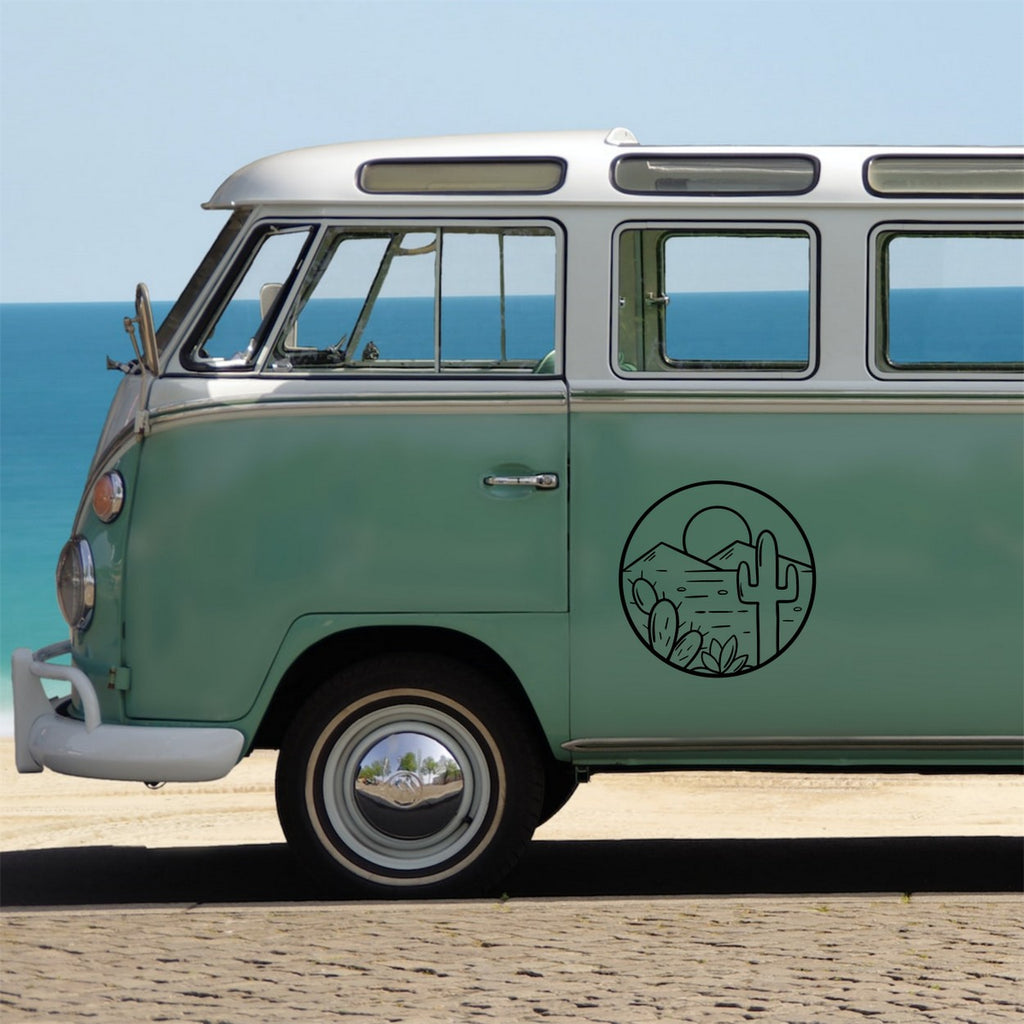 Desert Cactus Mountain Range Sticker – decal shown on an orange campervan