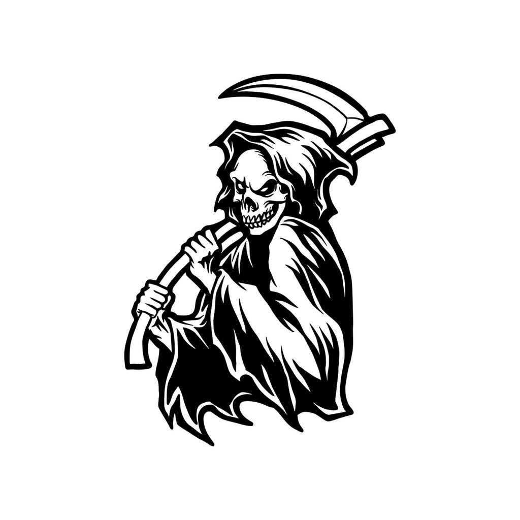 Grim Reaper Scythe Sticker – decal shown on a blue campervan