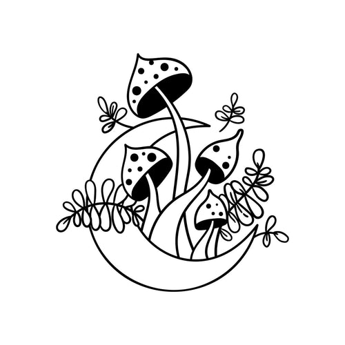 Moon Mushrooms Sticker – decal shown on a blue campervan