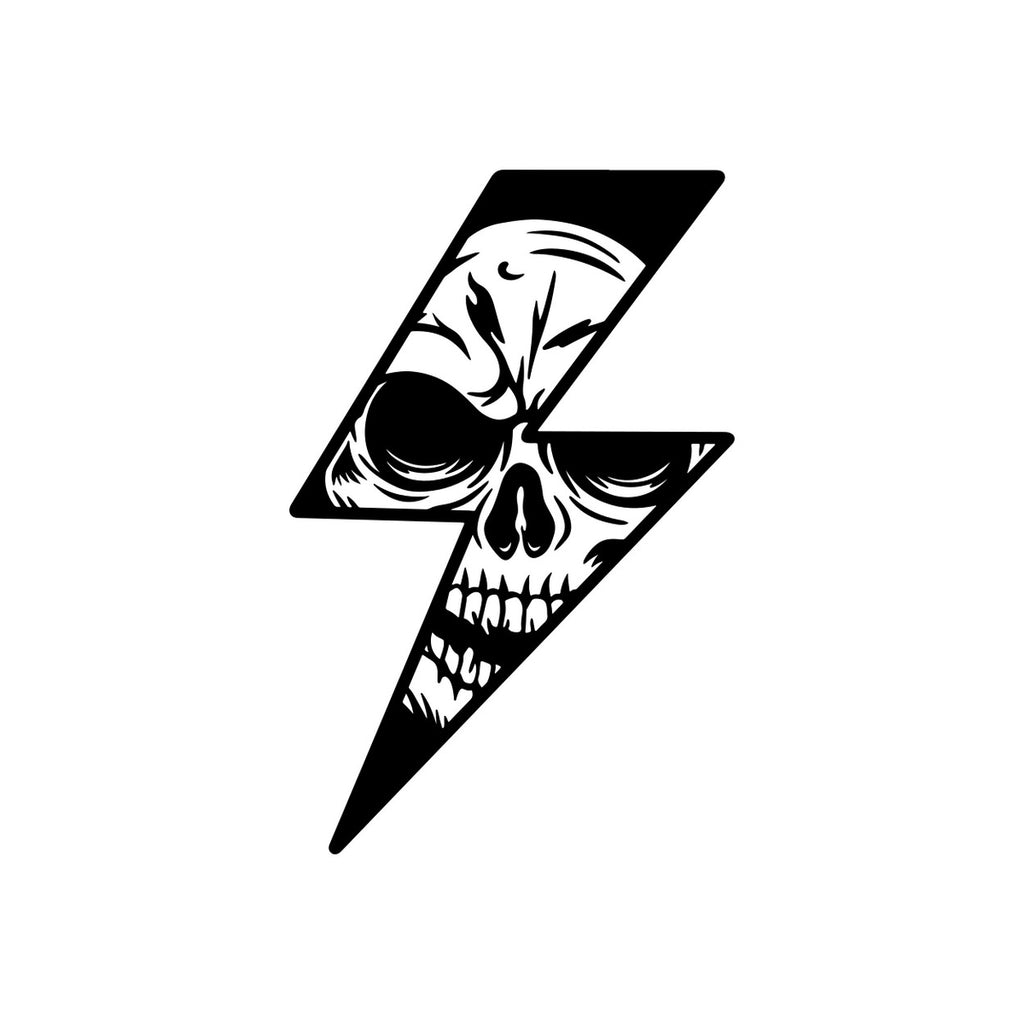 Lightning Bolt Skull Skeleton Sticker – decal shown on a blue campervan