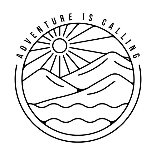 Adventure Is Calling Mountains Sticker – decal shown on a blue campervan