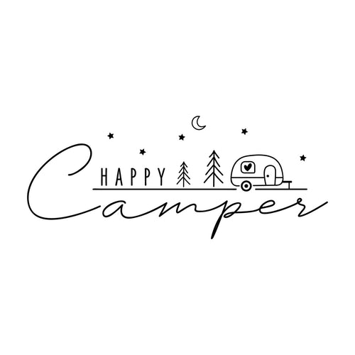 Happy Camper Travel Trailer Caravan Sticker – decal shown on a blue campervan