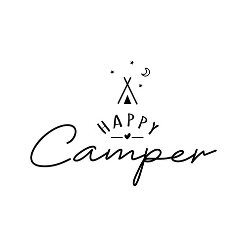 Happy Camper Tent & Moon Caravan Sticker – black vinyl decal artwork