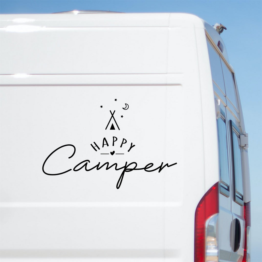 Happy Camper Tent & Moon Caravan Sticker – decal shown on a white campervan