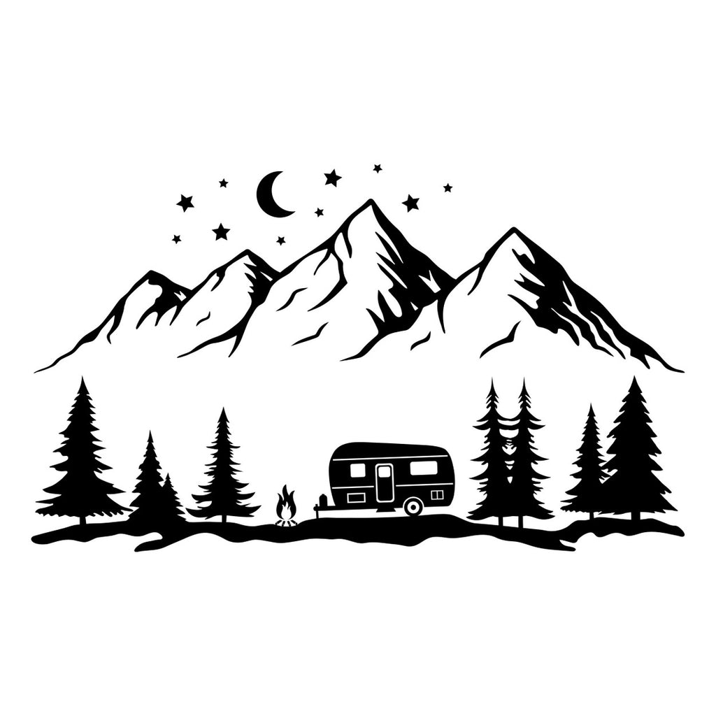 Camping Forest Mountain Scene Sticker – black vinyl decal artwork