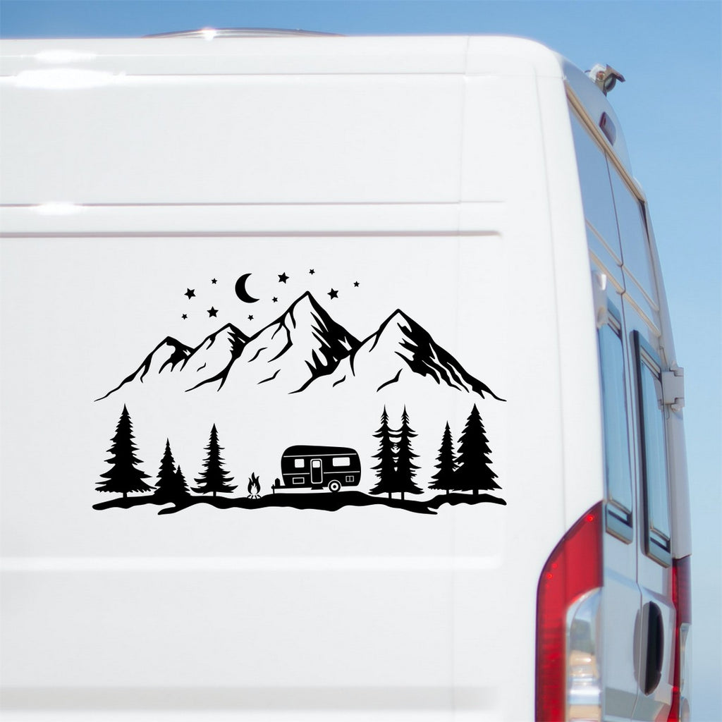 Camping Forest Mountain Scene Sticker – decal shown on a white campervan