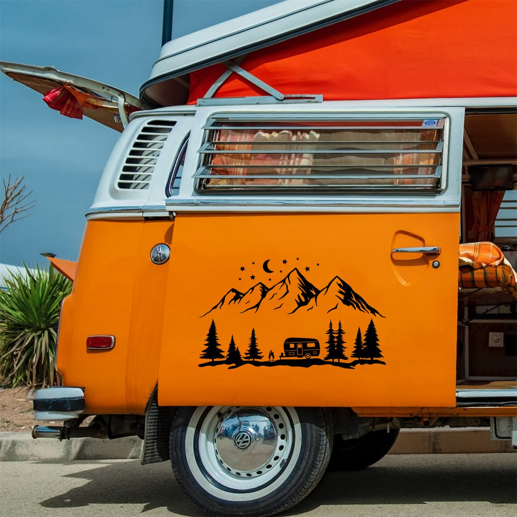 Camping Forest Mountain Scene Sticker – decal shown on an orange campervan
