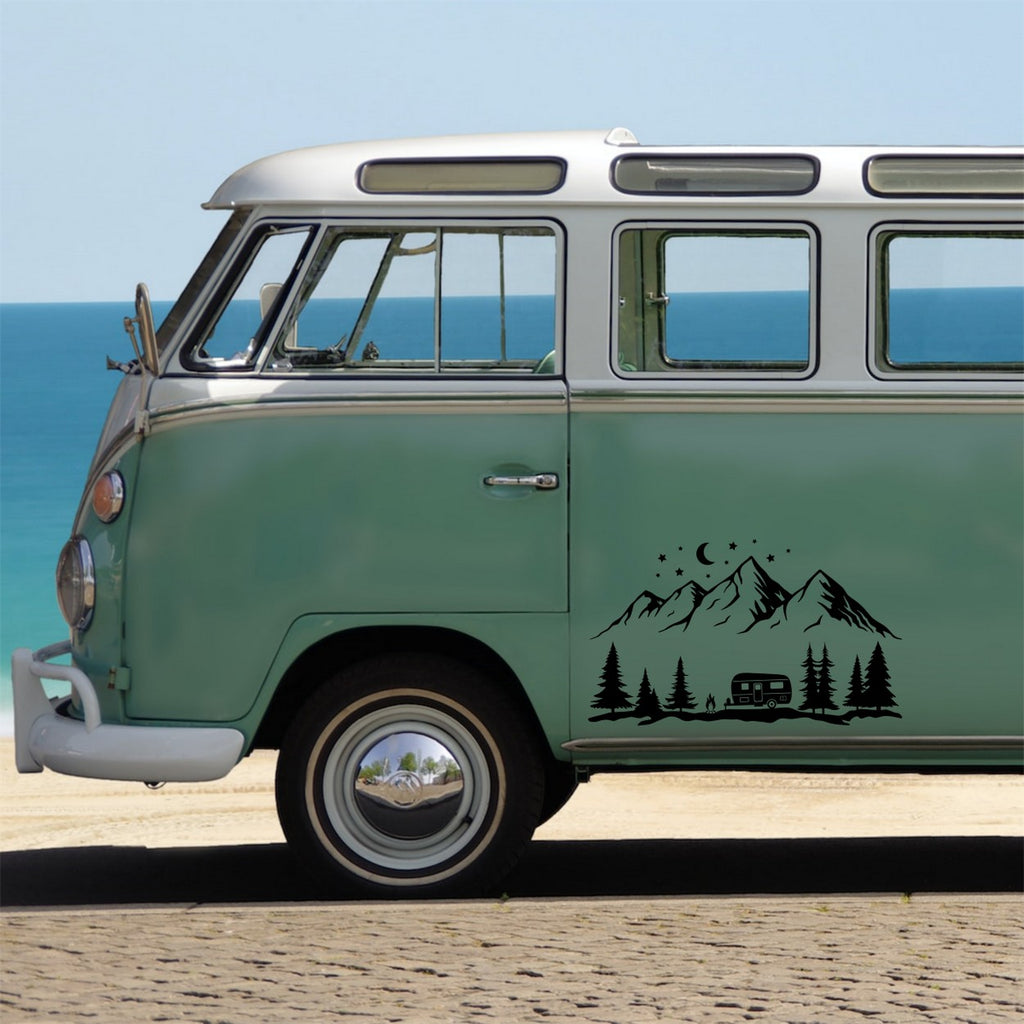 Camping Forest Mountain Scene Sticker – decal shown on a green campervan