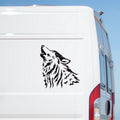 Howling Wolf Head Caravan Sticker – decal shown on a white campervan