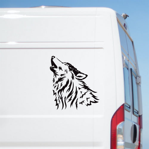 Howling Wolf Head Caravan Sticker – decal shown on a white campervan