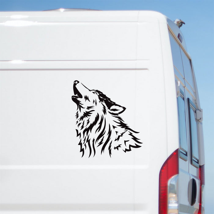 Howling Wolf Head Caravan Sticker – decal shown on a white campervan