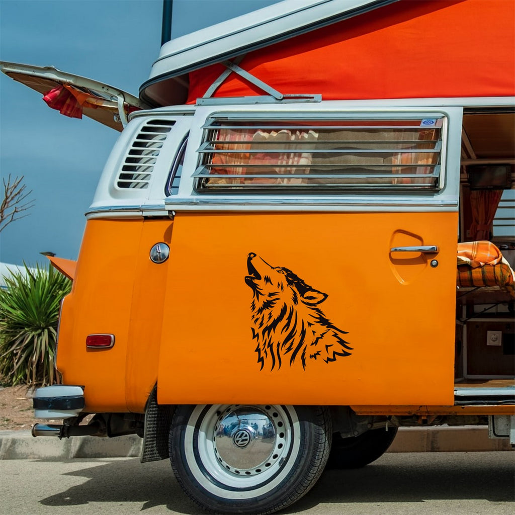 Howling Wolf Head Caravan Sticker – decal shown on an orange campervan
