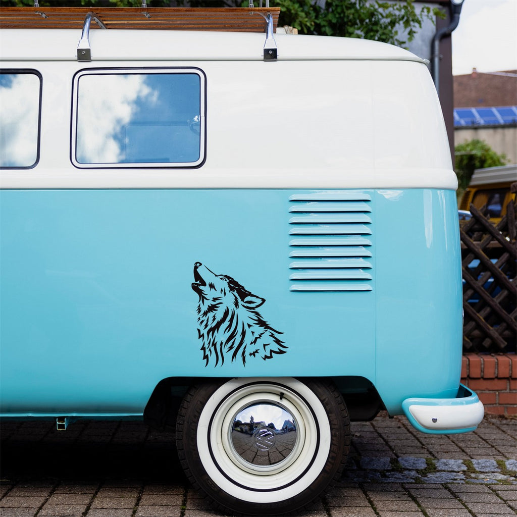 Howling Wolf Head Caravan Sticker – decal shown on a blue campervan