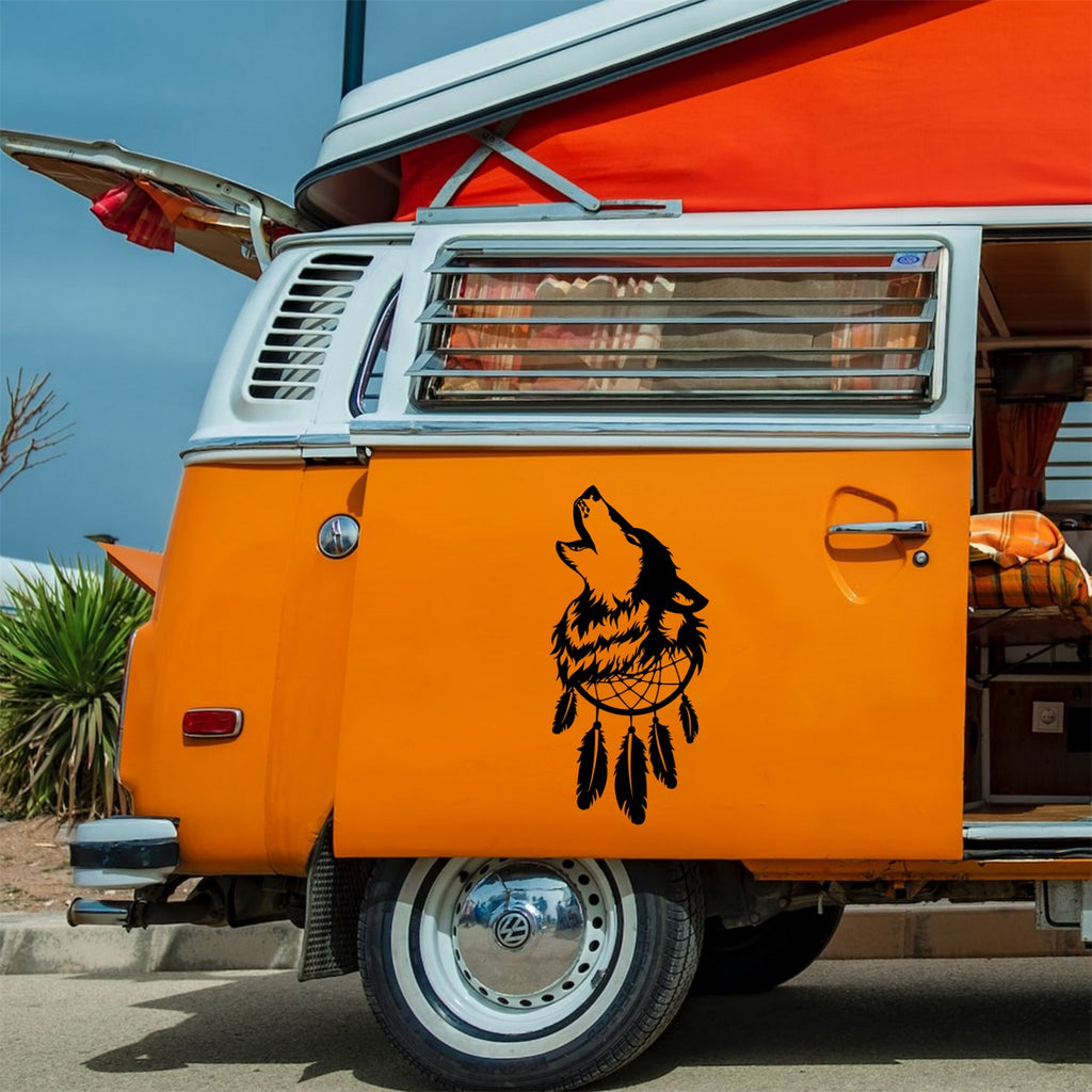 Howling Wolf Dreamcatcher Sticker – decal shown on an orange campervan