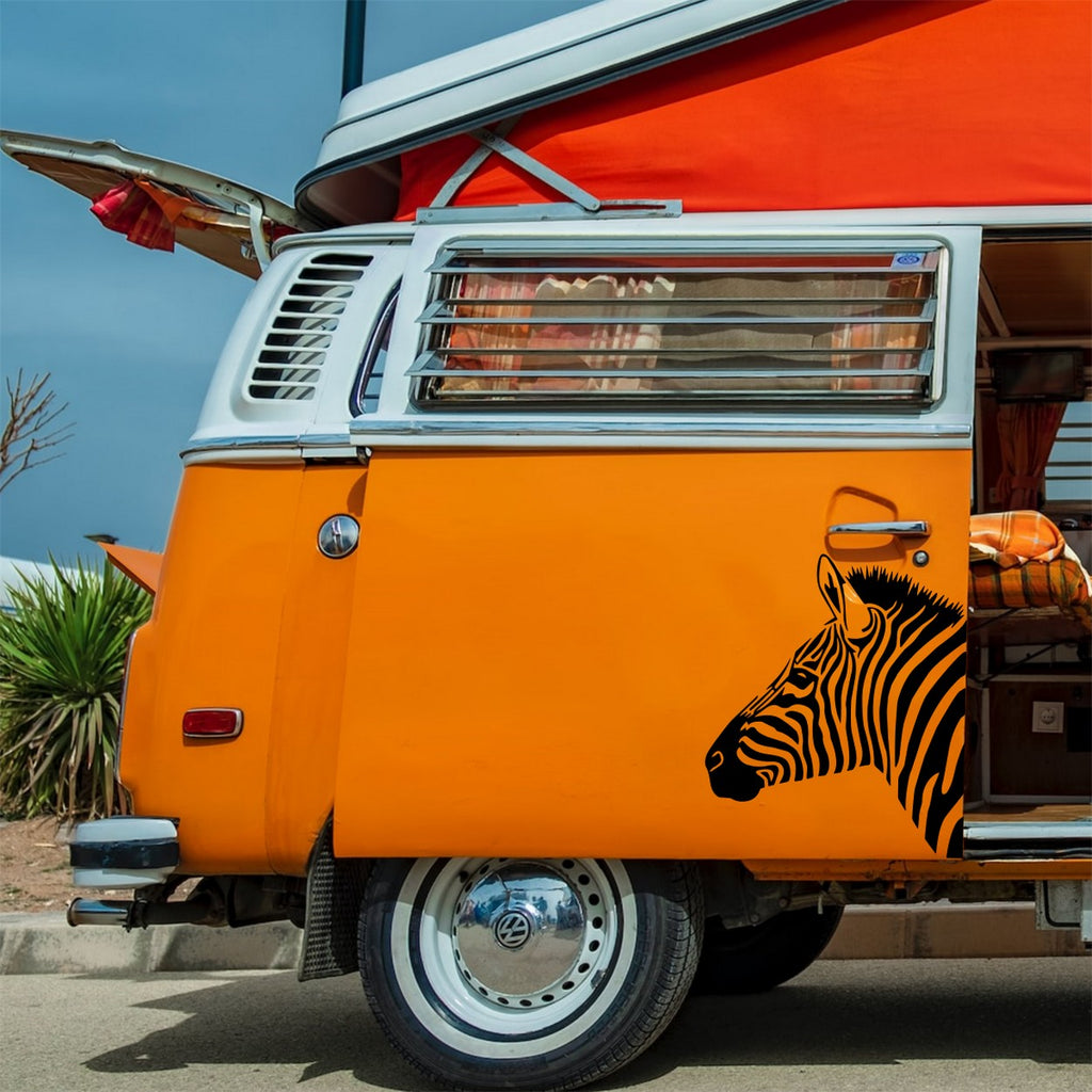 Zebra Head Large Animal Sticker – decal shown on an orange campervan
