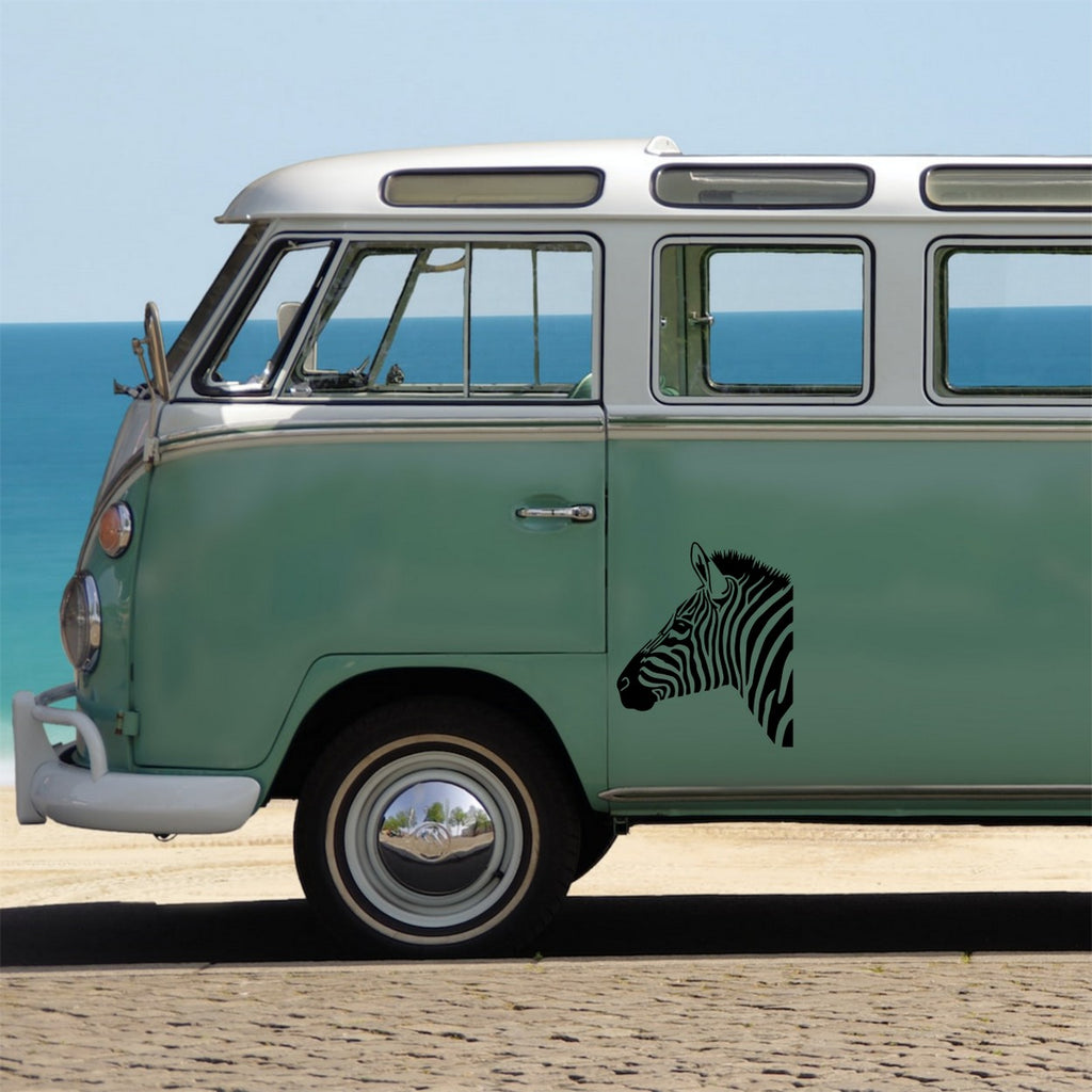 Zebra Head Large Animal Sticker – decal shown on a green campervan