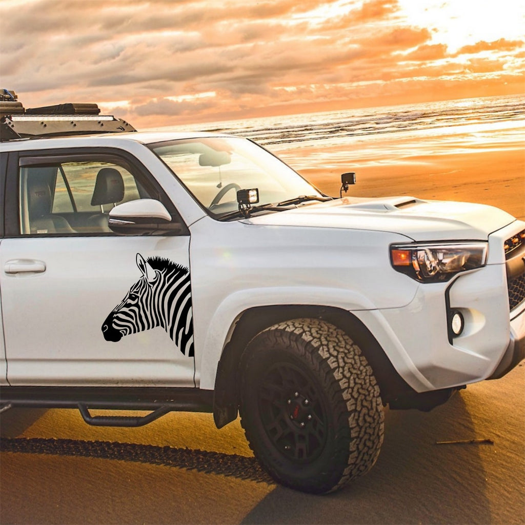 Zebra Head Large Animal Sticker – decal shown on a white car