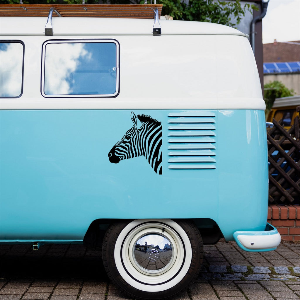 Zebra Head Large Animal Sticker – decal shown on a blue campervan