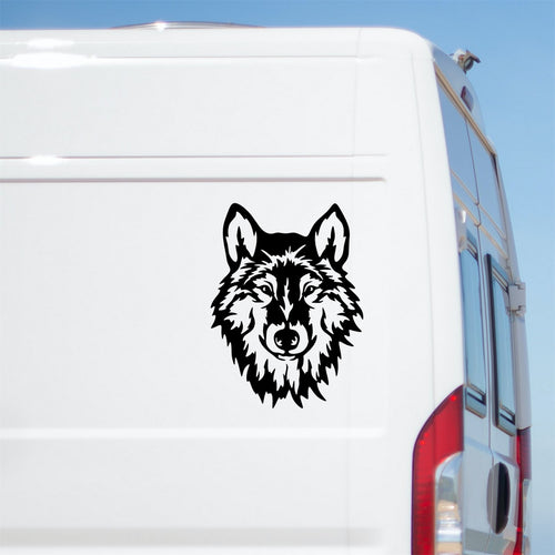 Fierce Wolf Head Caravan Sticker – decal shown on a white campervan
