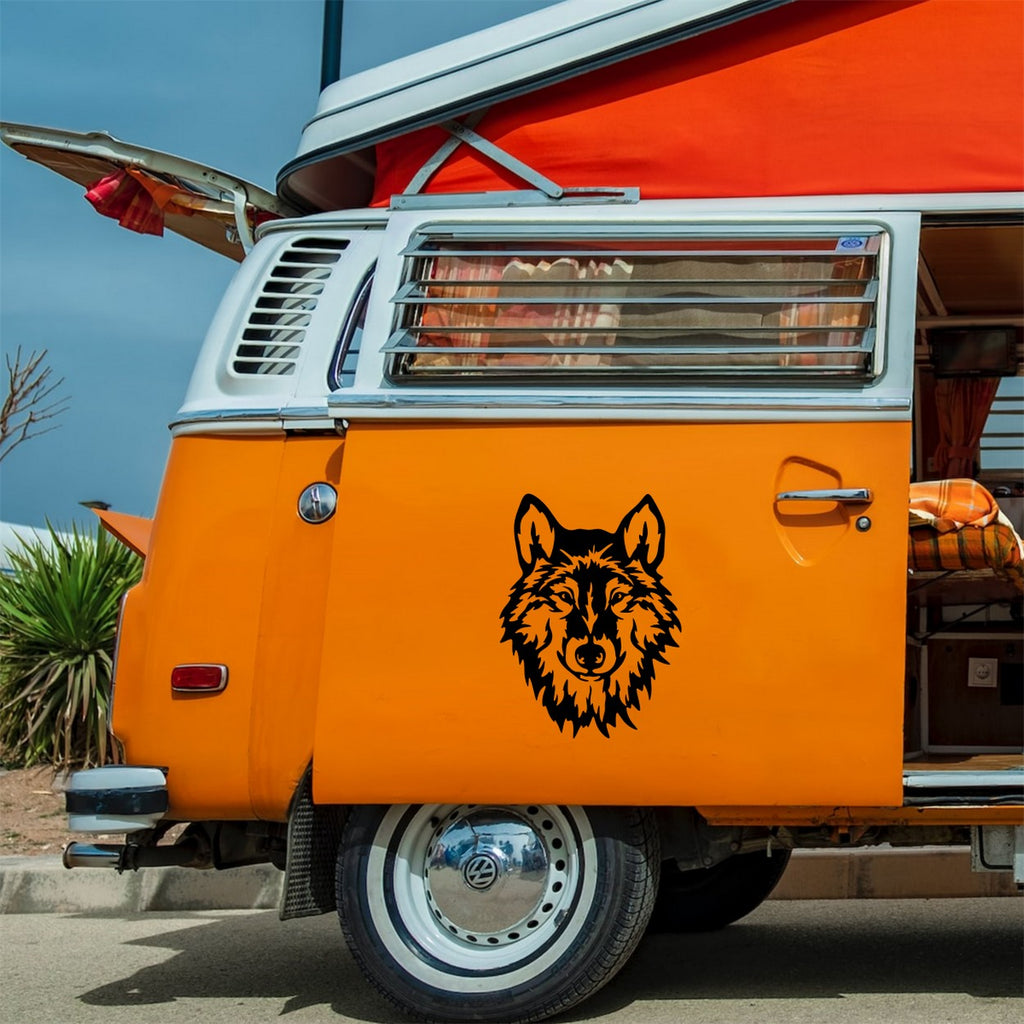 Fierce Wolf Head Caravan Sticker – decal shown on an orange campervan