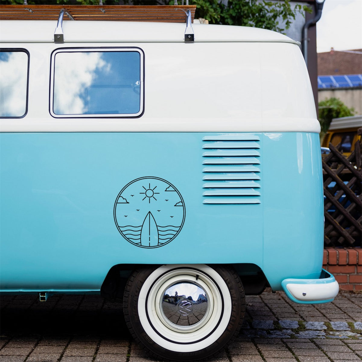 Surf Surfing Surfboard Sticker – decal shown on a blue campervan