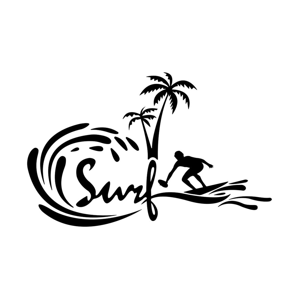 Surfing Surfboard Waves Palm Tree Sticker – black vinyl decal artwork