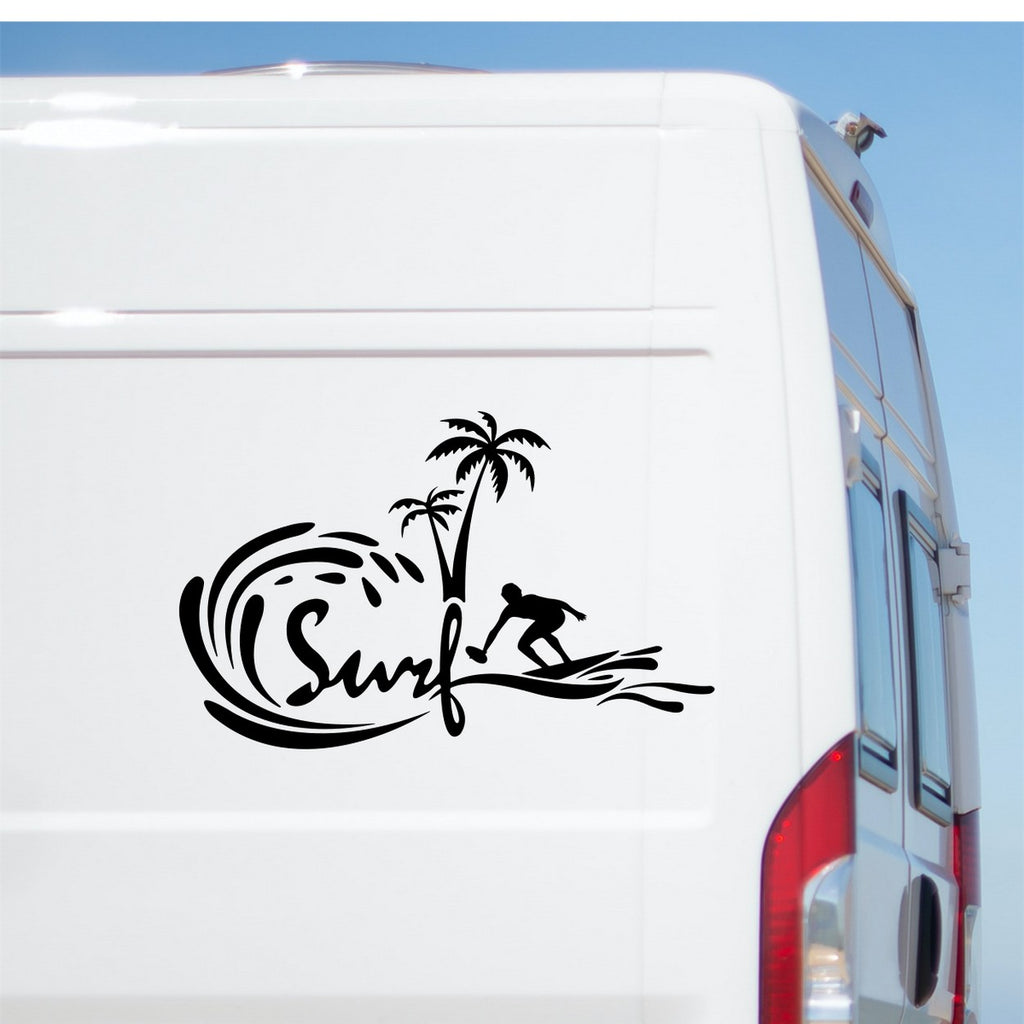 Surfing Surfboard Waves Palm Tree Sticker – decal shown on a white campervan