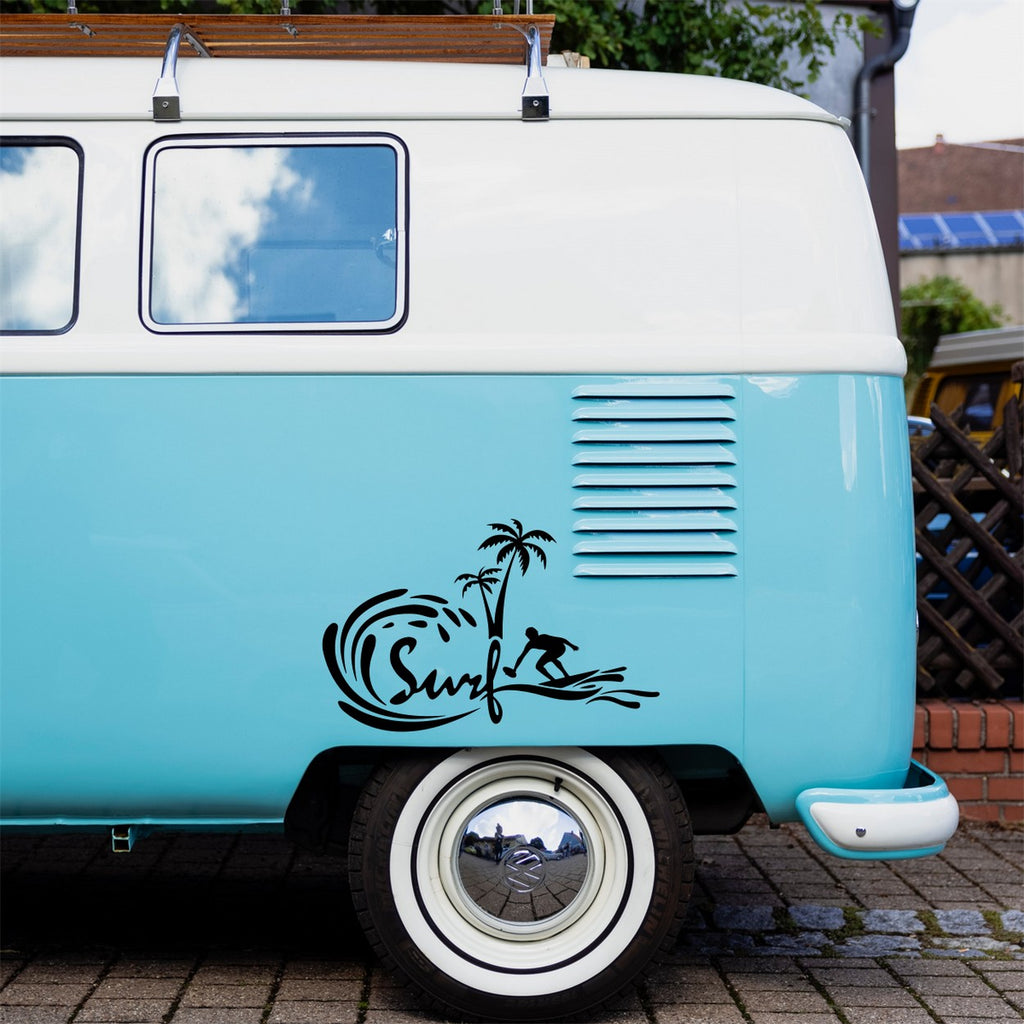 Surfing Surfboard Waves Palm Tree Sticker – decal shown on a blue campervan