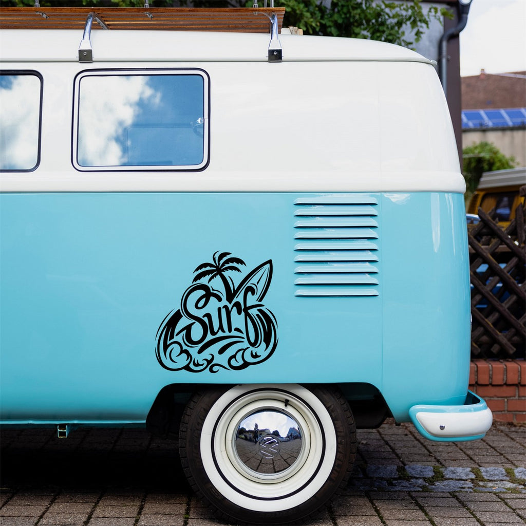 Surfing Waves Palm Tree Sticker – decal shown on a blue campervan